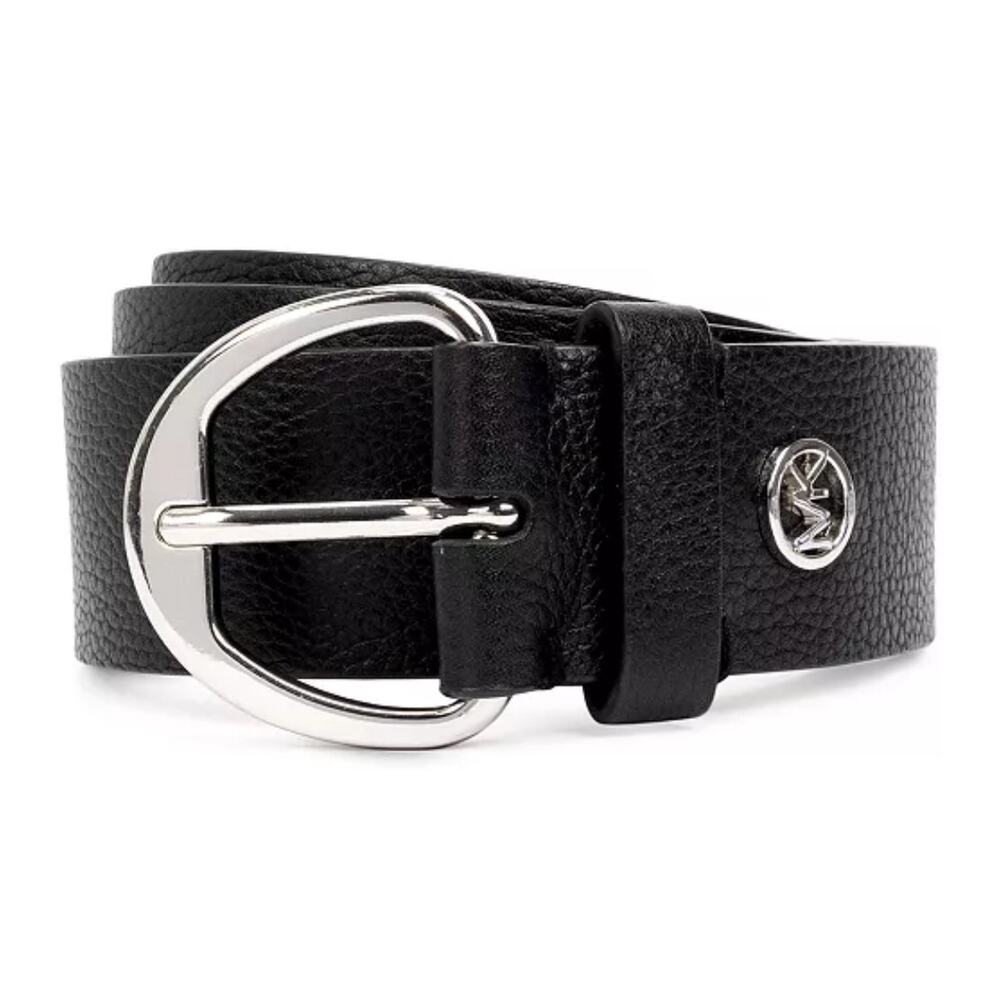 MICHAEL Michael Kors Black Genuine‎ Leather Belt with Silver MK Size L